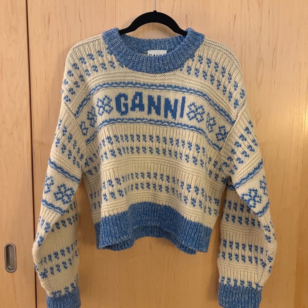 Ganni Cream and Blue Wool Sweater